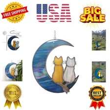 Cat Stained Glass Suncatcher   Cat on Moon Real Glass Window Hanging   Unique...