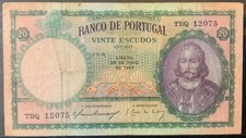 1954 PORTUGAL PAPER MONEY - 20 ESCUDOS OURO BANKNOTE!