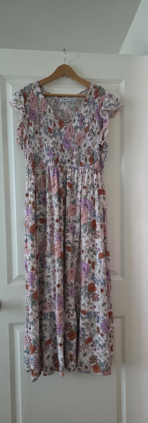 Floral Smocked Vneck Maxi Dress Cottage Core Preppy Coastal Womens L Polagram