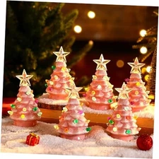  6 Set Mini 4 Inch Ceramic Christmas Tree with Multicolored Lights Xmas Null