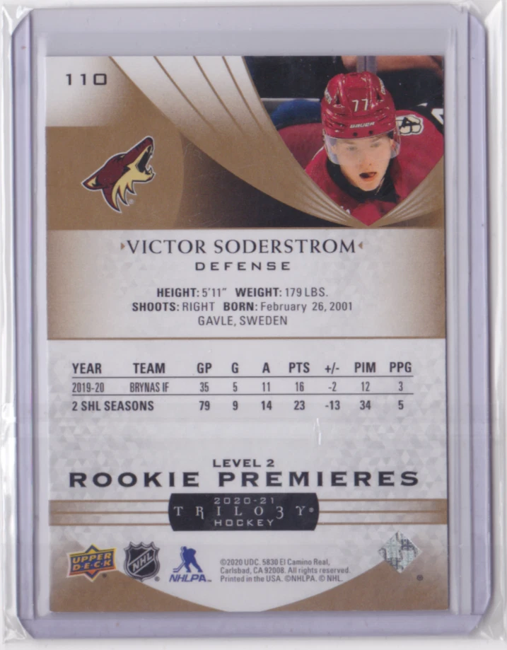 2020-21 UD TRILOGY ROOKIE PREMIERES 1/1 JERSEY # 77/499 VICTOR SODERSTROM #110 - Image 2 of 2