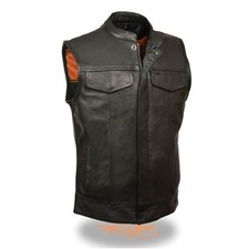 MENS MOTORCYCLE PREMIUM MILLED COWHIDE LEATHER VEST w/ CONCEAL POCKETS - USA90