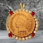 1905 Indian Head One Cent Penny Coin Pendant Charm Rhinestones US of America