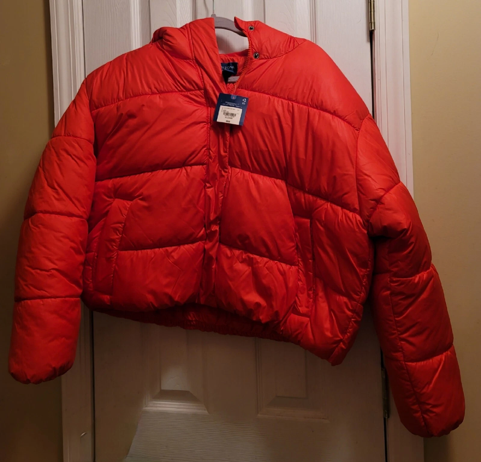 Arizona Puffer Bomber Short Jacket Hooded Size XL, New With Tags Orange/ Red