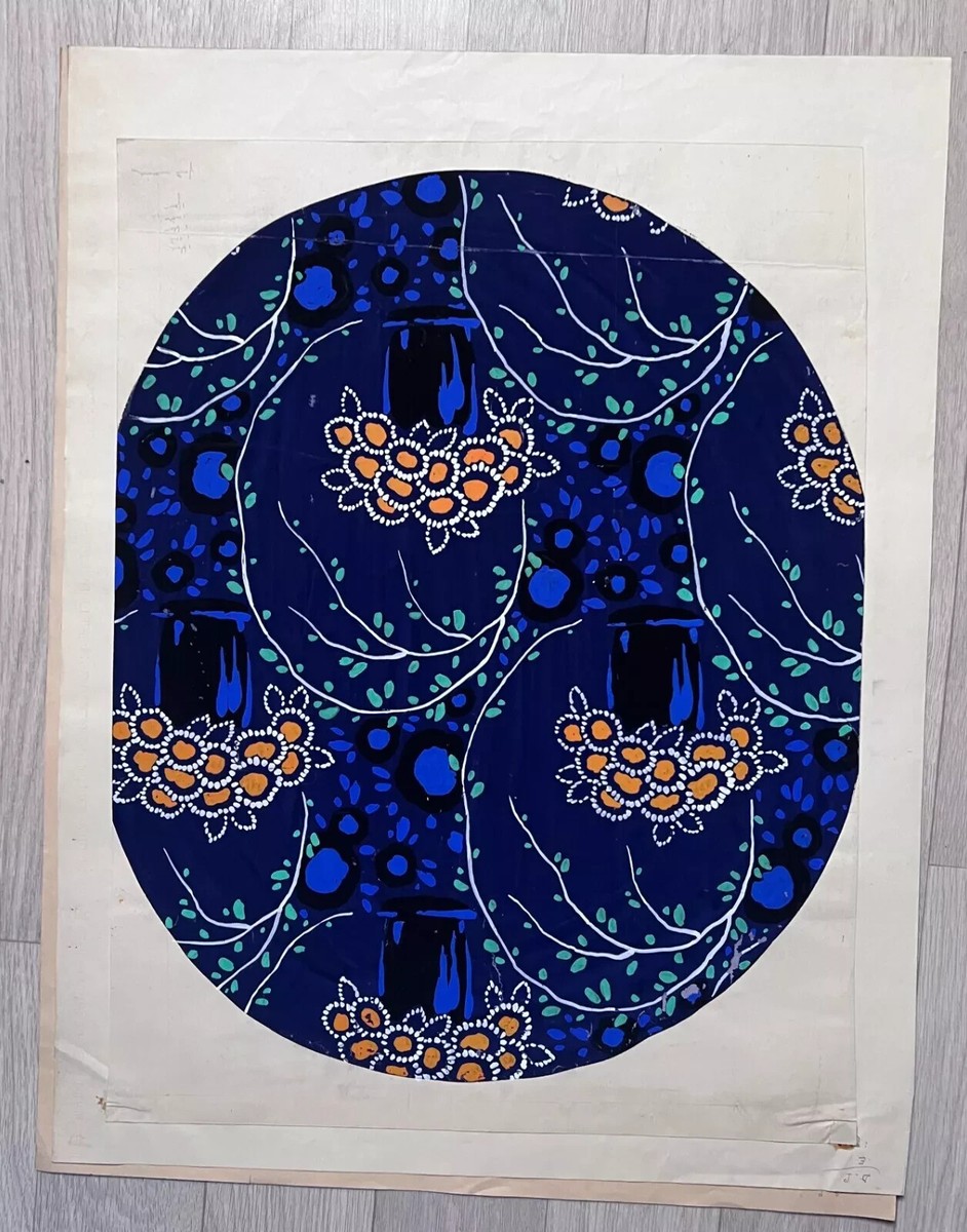 Antique Drawing Original Textile Drawing Black Blue Yellow Flowers
