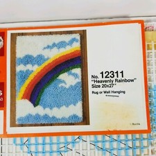 Vintage Bucilla "Heavenly Rainbow" Latch Hook Rug 1970s Canvas NEW 20 x 27  a7