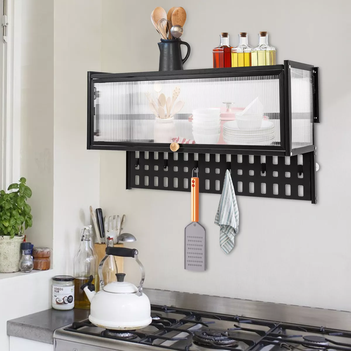 Wall-Mounted Kitchen Storage Cabinet with Flip-Up Door - Black