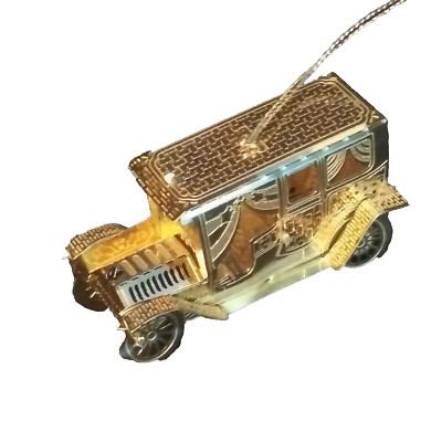 VTG 3D Gold Plated Metal Xmas Ornament Old Fashion /Antique English Car TAIWAN