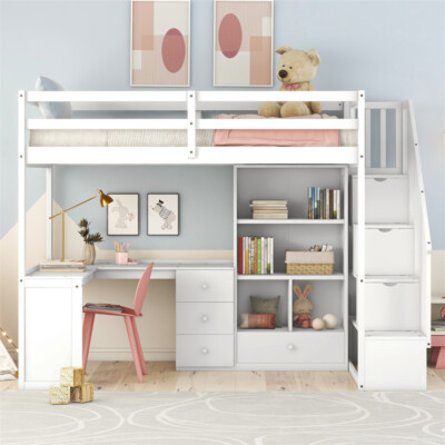 Twin Size Wood Loft Bed w/L-Shaped Desk,Drawers,Cabinet &Storage Staircase White