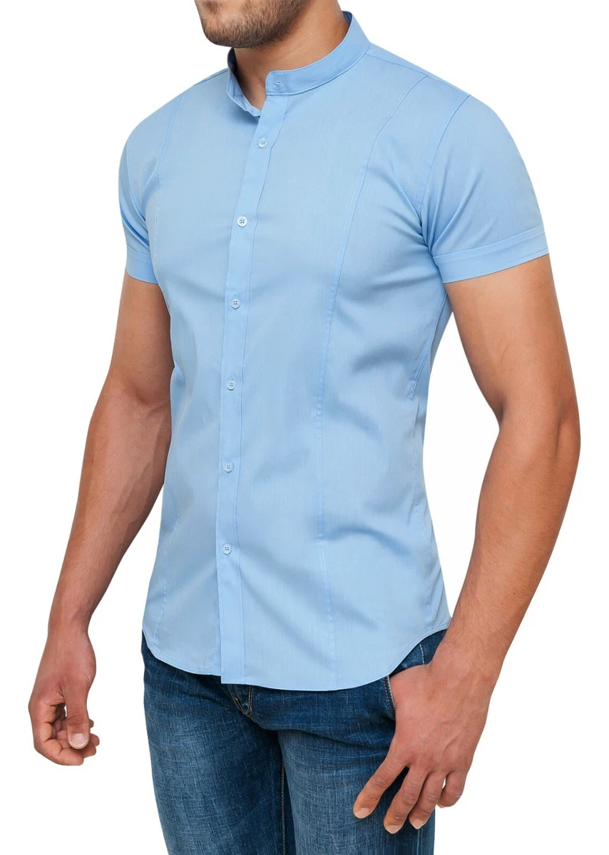 CAMICIA COREANA UOMO SLIM FIT CELESTE A MANICHE CORTE IN COTONE da