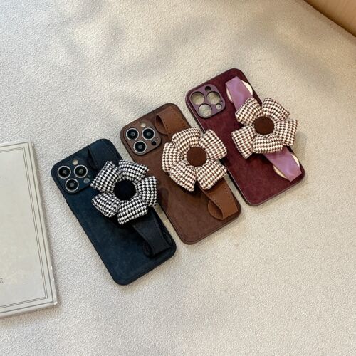 Stereoscopic Plaid Flower Wrist Strap Cover Case For iPhone15 14 13 12 11Pro Max - Picture 1 of 15