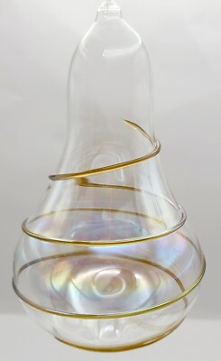 Silvestri Handblown Iridescent Glass Pear Shape Ornament With Gold Swirl Design
