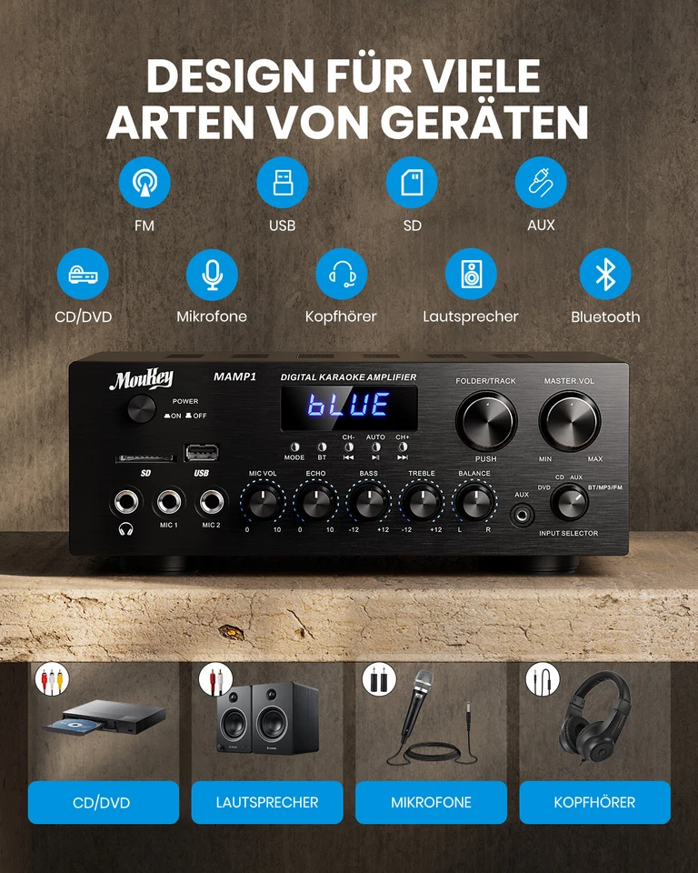 Moukey MAMP1 Audio Stereo Verstärker Empfänger Leistungsverstärker Bluetooth - Bild 3 von 4