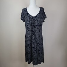 Fresh Produce Dress L Black Pattern Ruched Front Midi Tunic Stretch Travel USA