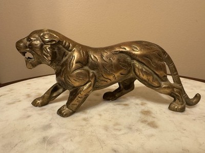 Vintage Brass Roaring Bengal Tiger Statue, Figurine Paperweight 