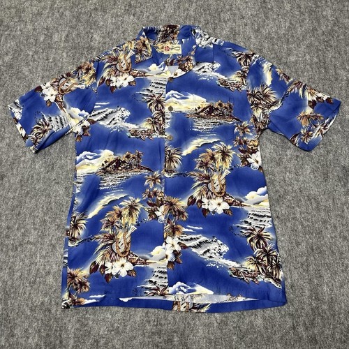 VTG Hilo Hattie The Original Hawaiian Shirt Men Medium Blue Hibiscus Flower