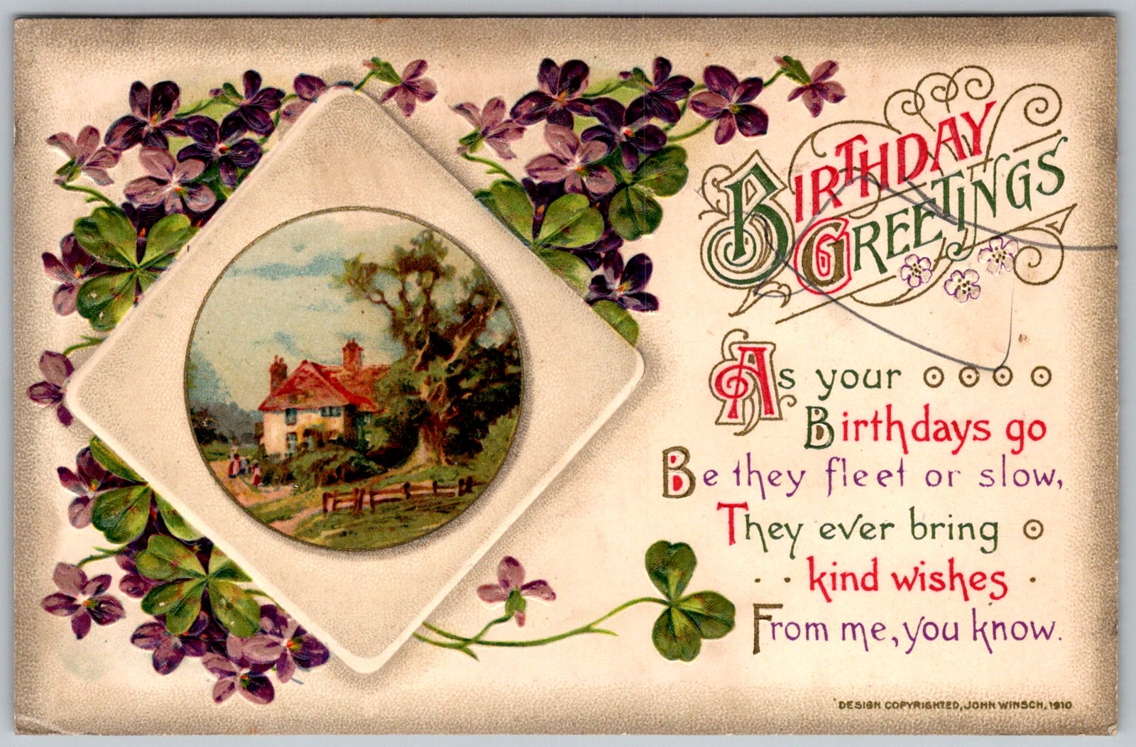 Antique Postcard Birthday Greetings Violets Cottage 1910s