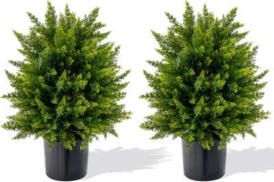 Set of 2 Faux Cedar Topiary Ball Trees in Cement Pots for Home Decor