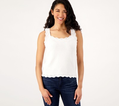 Isaac Mizrahi Live! Women's Top Plus Sz 2X Crochet Trim Square White A591645
