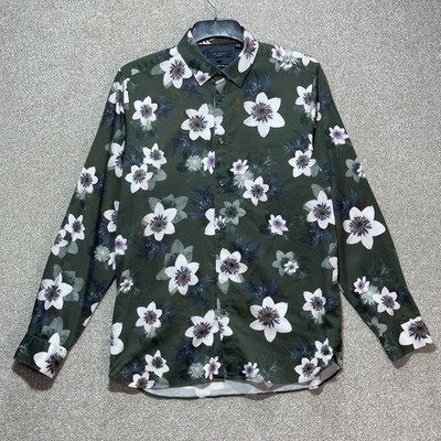 Ted Baker Blumen Hemd Herren XL Grün Stretch Baumwolle Designer Knopfleiste
