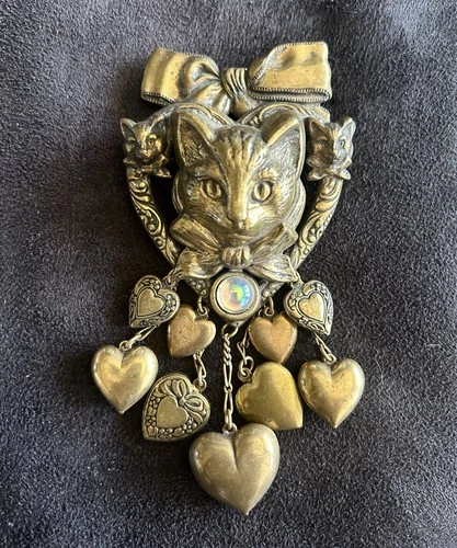 Vintage CAT Heart Charm Rhinestone BROOCH  Bow PIN JEWELRY Gold ART DECO Antique