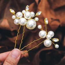 2 PCS Pearl Wedding Hair Pins Crystal Bridal Accessories B Gold