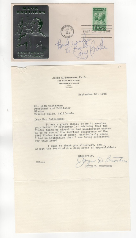 "64 Mayo Brothers Surgeons First Day Cover + lot 2 signed Joyce Brothers TLS '65