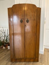 Antique Art Deco Wooden Gentleman’s Wardrobe, Ornate Walnut Oak