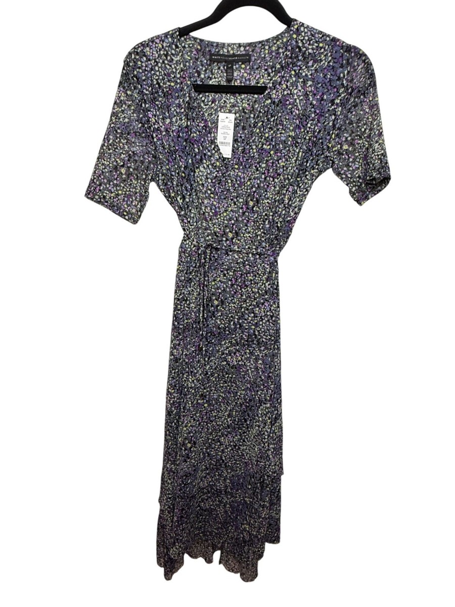 White House Black Market Women 4 Wrap Midi Dress Abstract Print Purple Green NWT