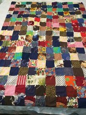 Vintage Scrap Patchwork Hand Tied Lap Quilt Throw Blanket 47" x 60" Cottage Farm