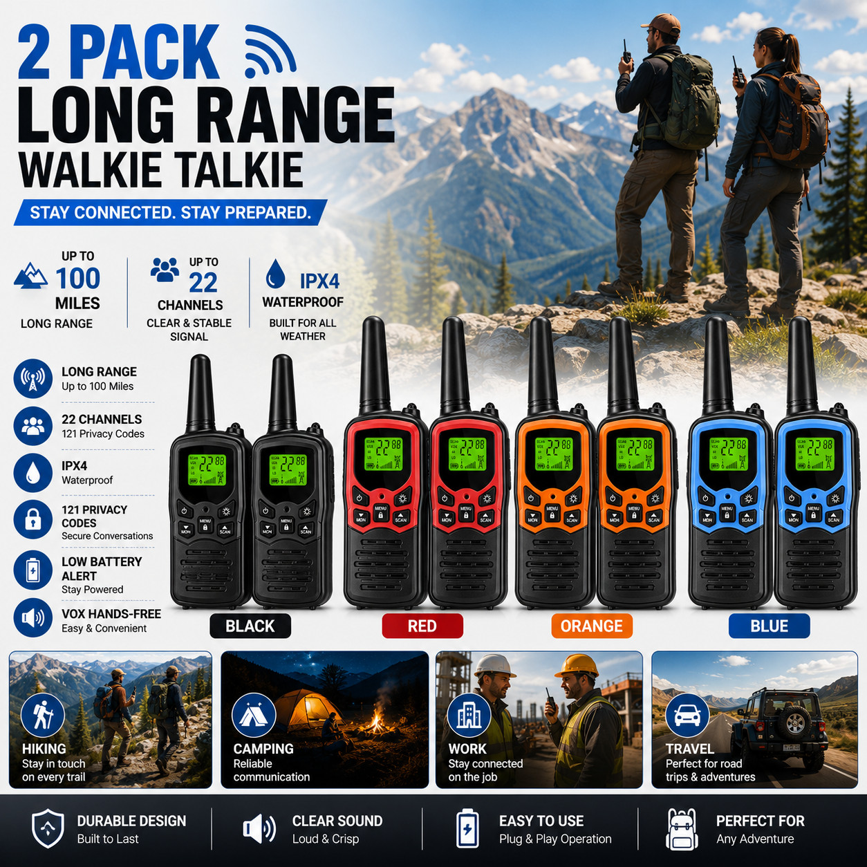 2 PACK Long Range 100 Mile Waterproof Walkie Talkie Two Way Radio Charge Headset