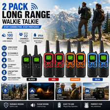 2 PACK Long Range 100 Mile Waterproof Walkie Talkie Two Way Radio Charge Headset