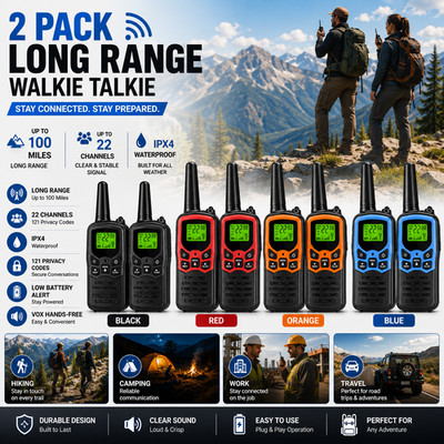 2 PACK Long Range 100 Mile Waterproof Walkie Talkie Two Way Radio Charge Headset