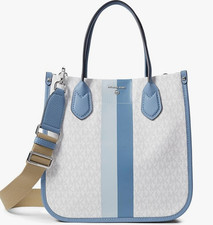 NEW MICHAEL KORS HEIDI NS MK Logo Coated Canvas/Leather MD Tote Chambray/White