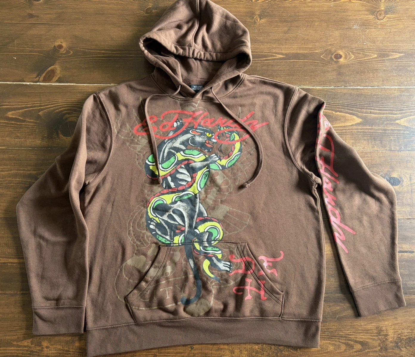 Ed Hardy Men’s Cocoa Brown Snake Skull Graphic Hoodie Sweatshirt Size L