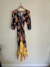 Farm Rio Black Loretta Maxi Wrap Dress Sz Small Floral Ruffle High Low