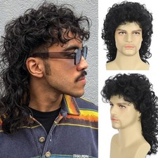 Curly Mullet Wigs for Men 80s Black Long Curl...