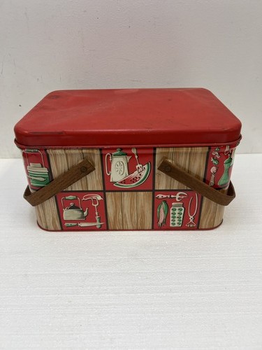 Vintage Decoware Metal Picnic Basket Red Wood Handle box bin mid century modern