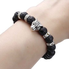 Men, Womens Synthetic Lava Beaded Healing Bracelet Leopard Head with Rhinestone