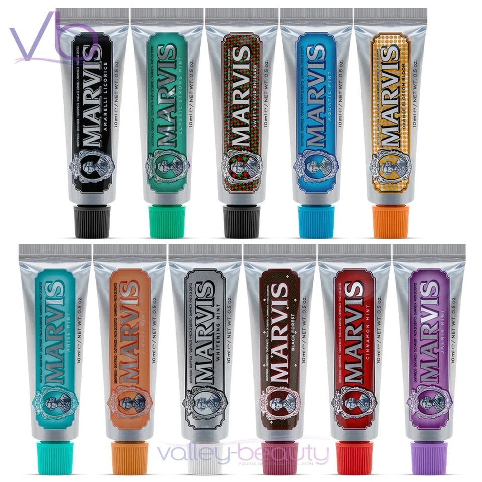MARVIS Travel Mini Toothpaste Whitening Mint, Cinnamon, Black Forest, SET of 4