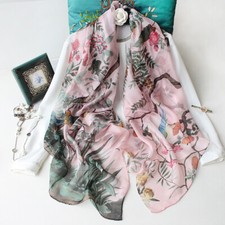 100 Chiffon Silk Wrap Scarf Sarong Beach Hand rolled Floral Birds Thin 140cm