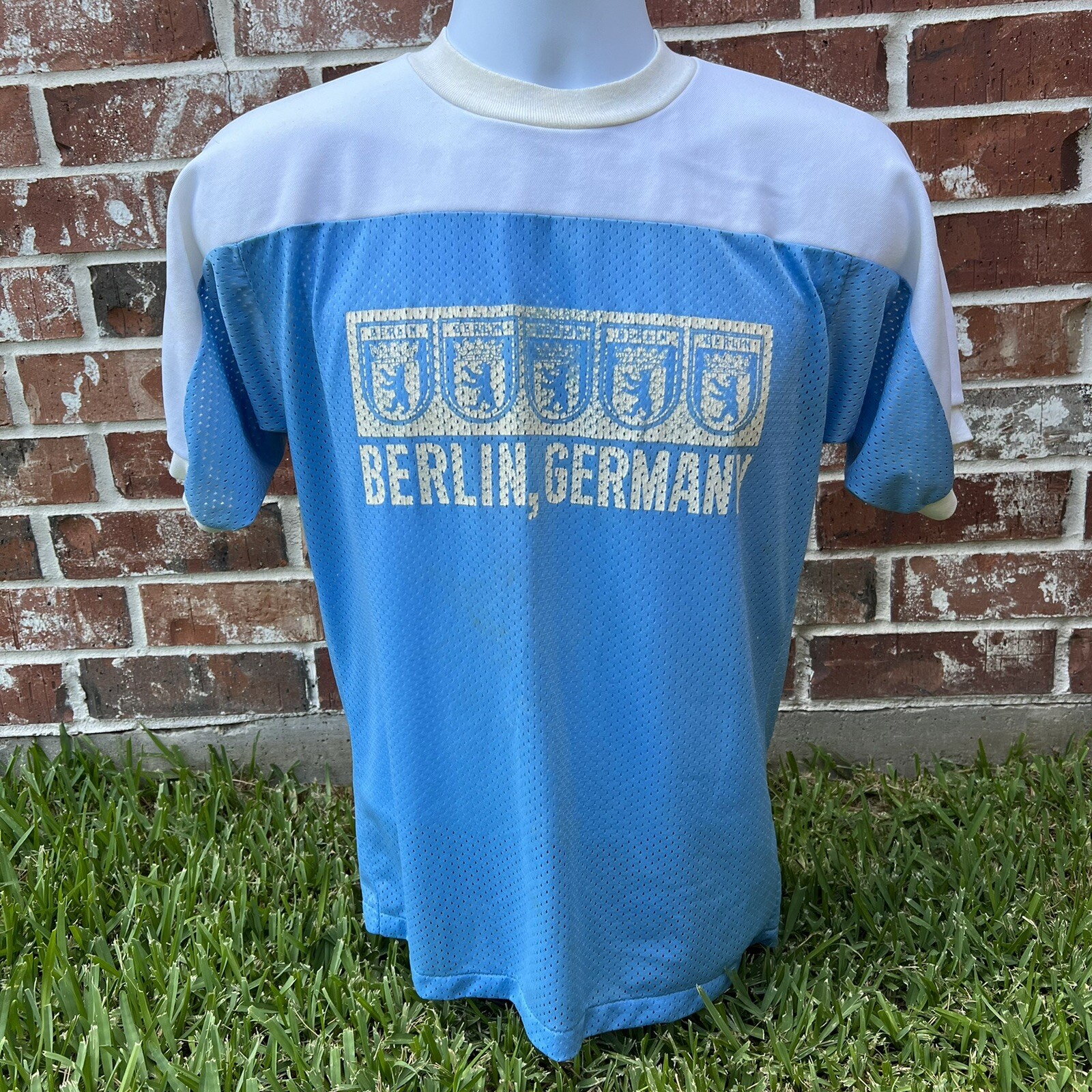 VTG BERLIN GERMANY Artex Jersey Single Stitch Distressed Nylon Mesh Blue White