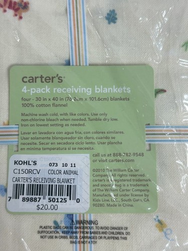 NWT Carters 2010 Zoo Animals 100% Cotton Flannel Baby Receiving Blankets 4 PK - Picture 5 of 5