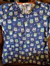 Code Happy Scrub Top Sm  EUC  Blue With Owls
