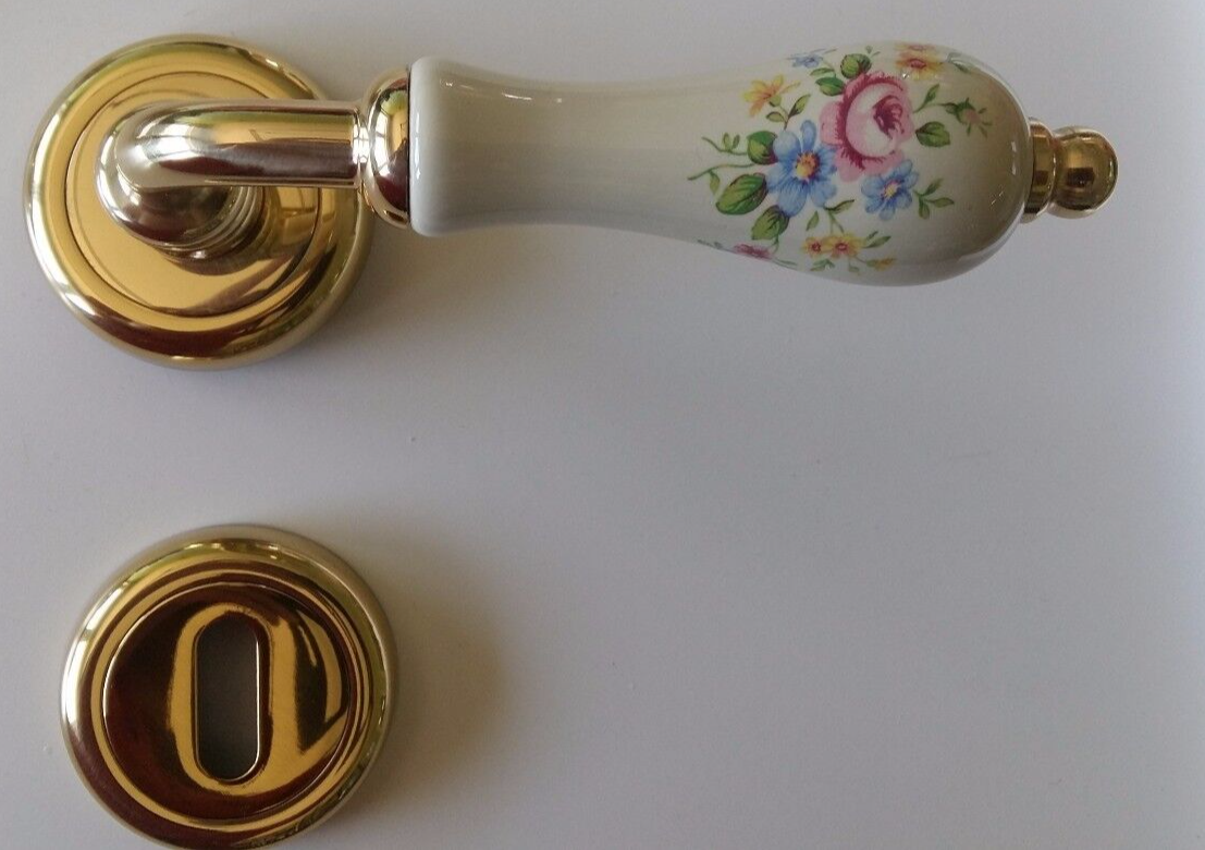 Maniglia (COPPIA) porte interne Porcellana avorio decorato fiore