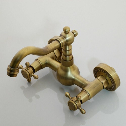 Antique Brass Bathroom Wall Mounted Faucet With Double Handle Mixer Taps - Picture 3 of 8