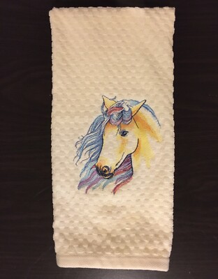 Embroidered Colorful Horse Stallion Head Portrait Ivory Cream Kitchen Dish Towel
