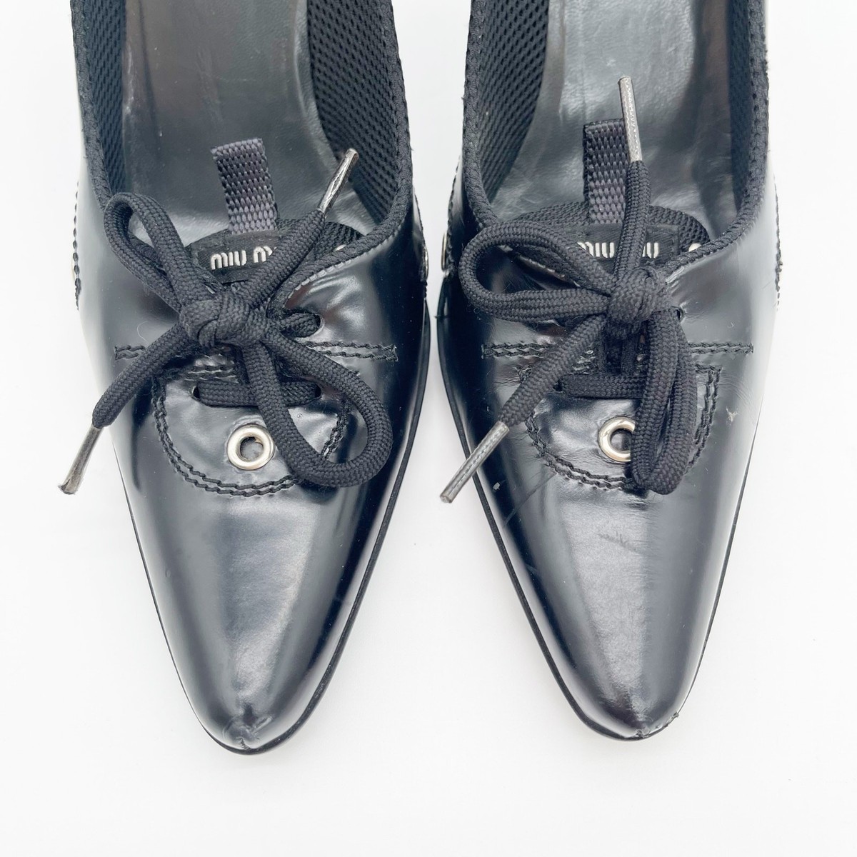 Miu Miu Vintage Late 90s Black Leather Bubble Sole Lace Up Sporty
