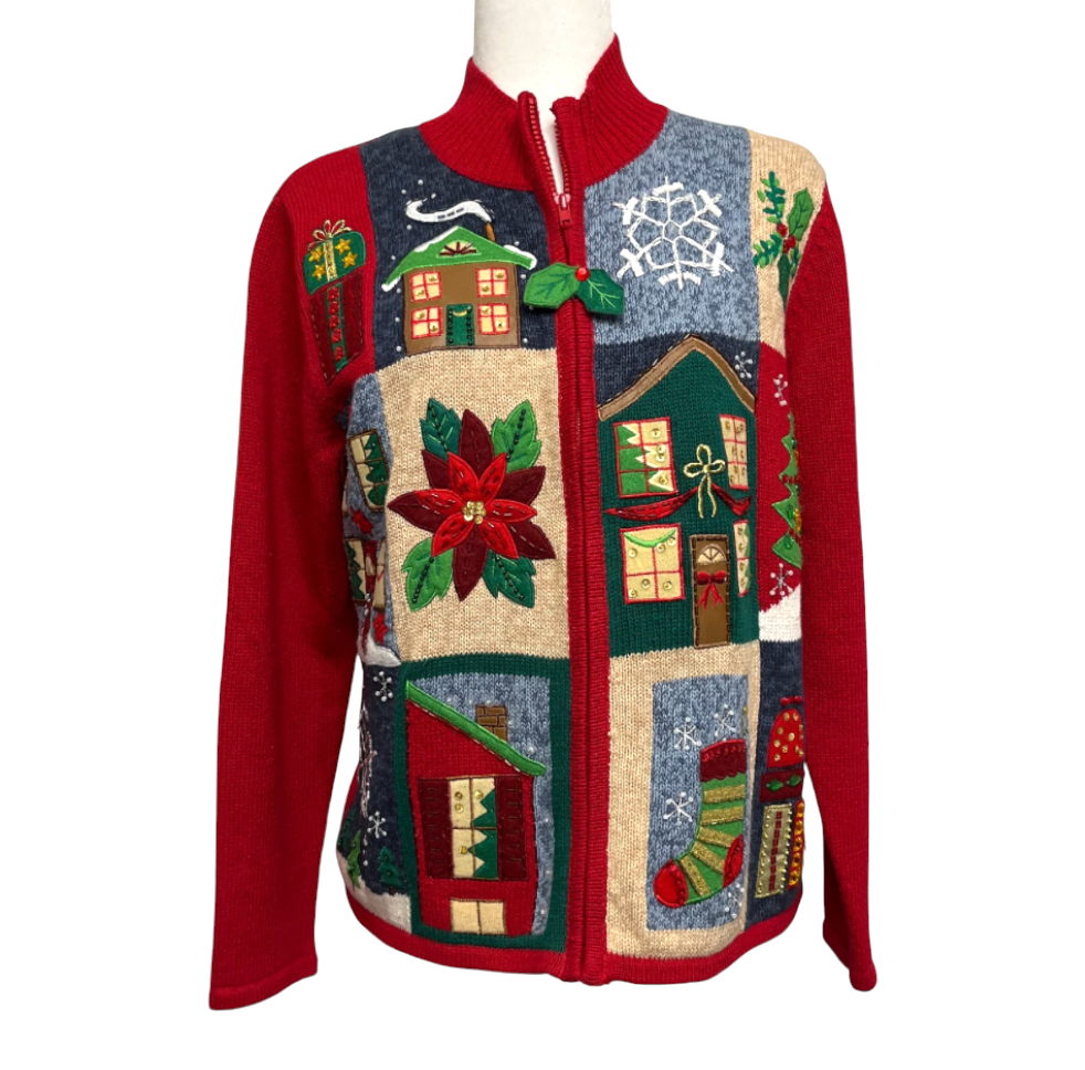 VTG TIARA INTERNATIONAL Christmas Sweater Cardigan EMBROIDERED BLOCKS Beaded M