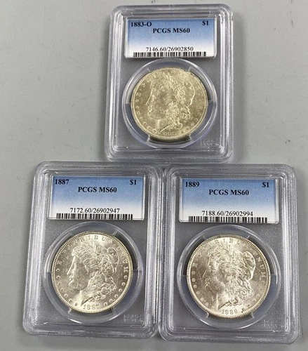 3 PCGS MS60 US 90% Silver Morgan $1 1883-O 1887-P 1889-P  L23748